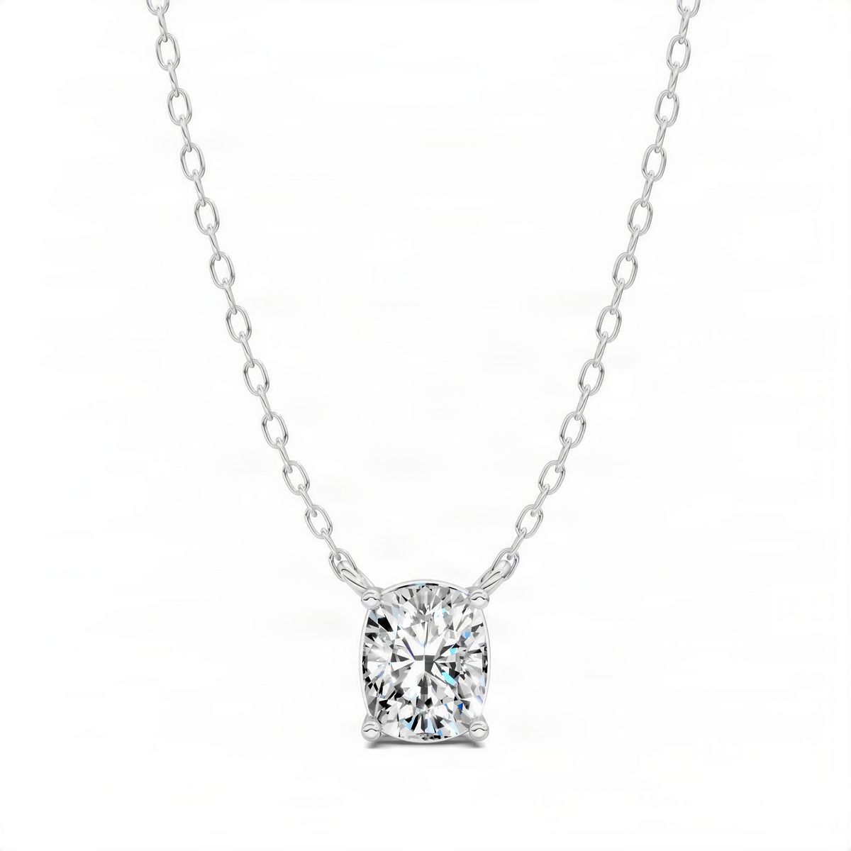 White gold cushion diamond pendant with round solitaire stone on chain