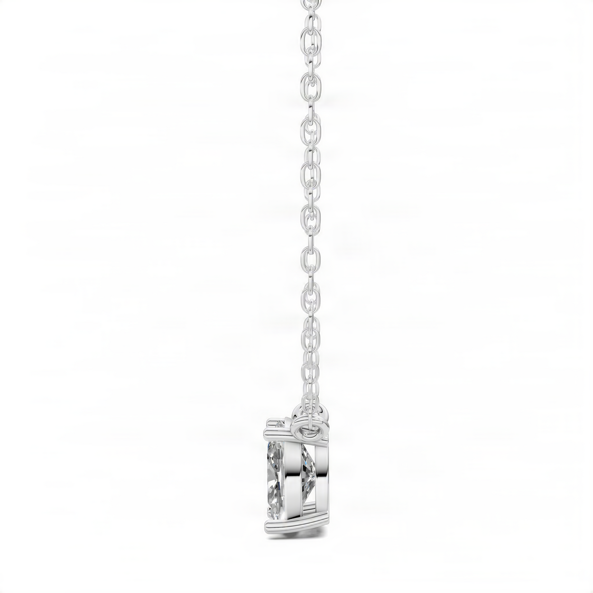 White gold cushion diamond pendant side view with prong-set center stone on chain