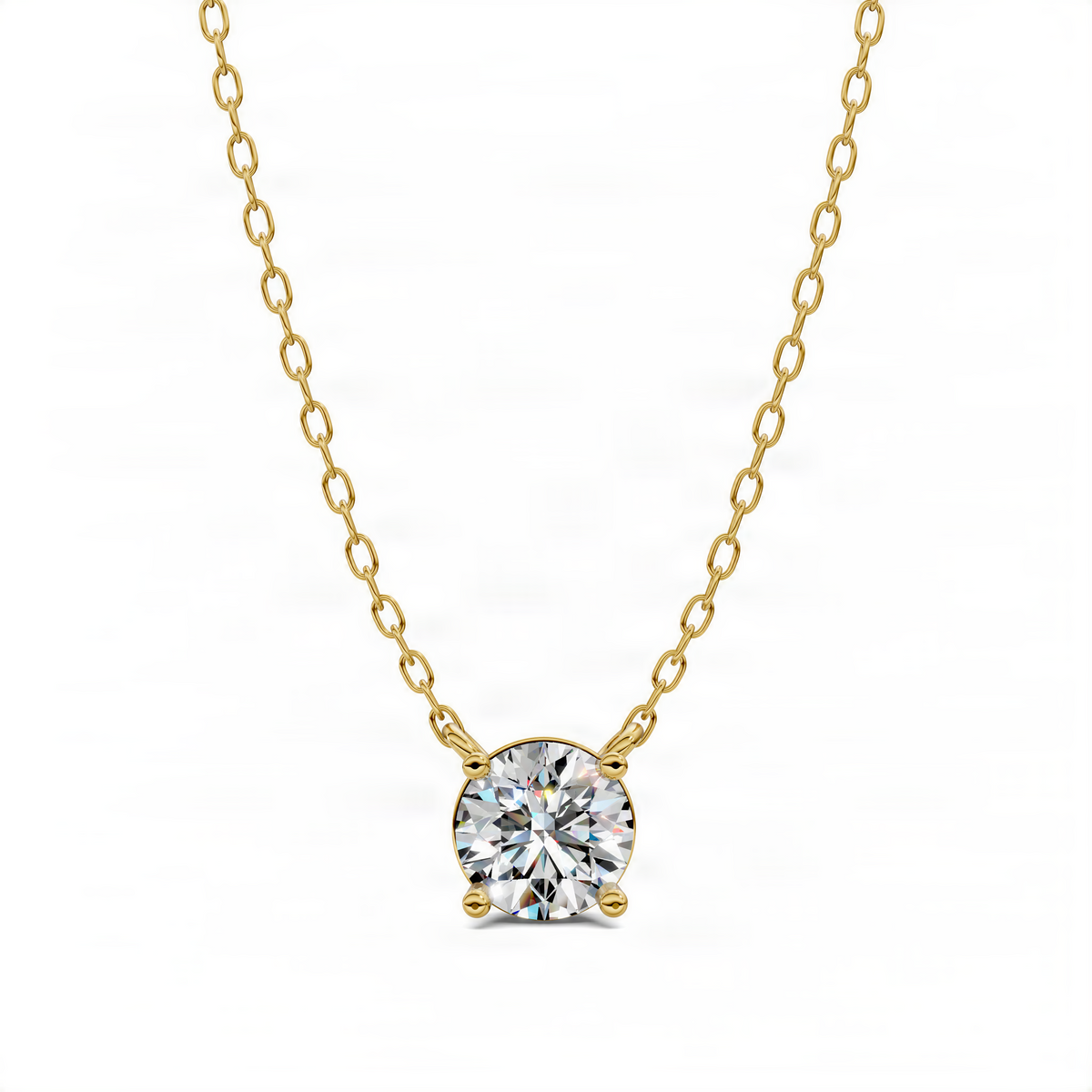 Yellow gold round diamond pendant on link chain