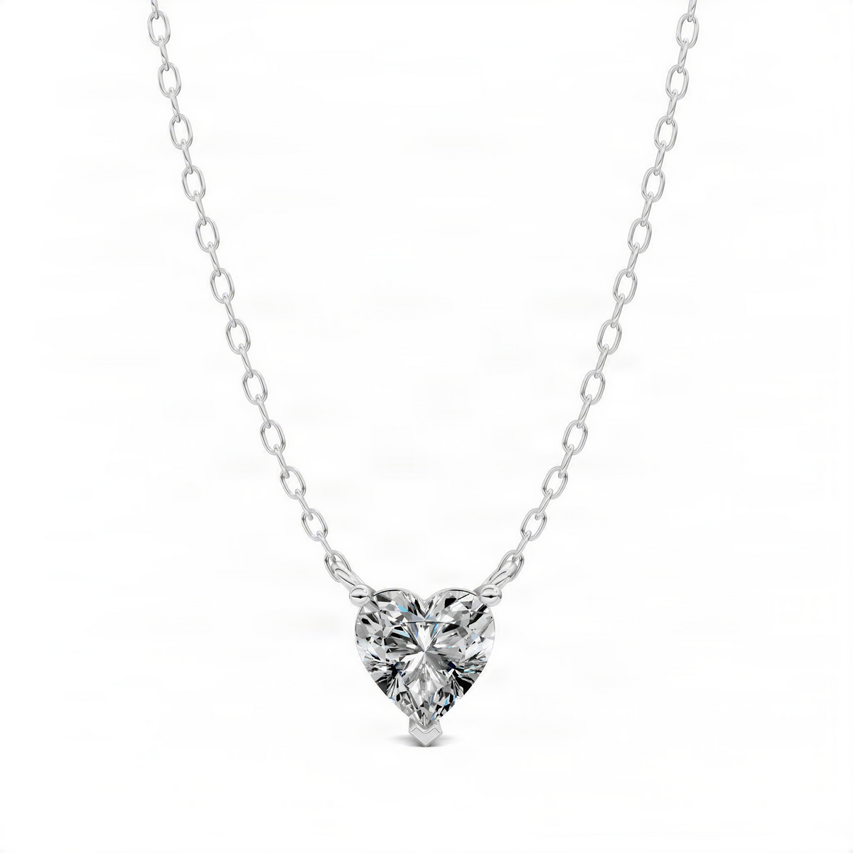 White gold heart diamond pendant on cable link chain, heart-shaped sparkling stone