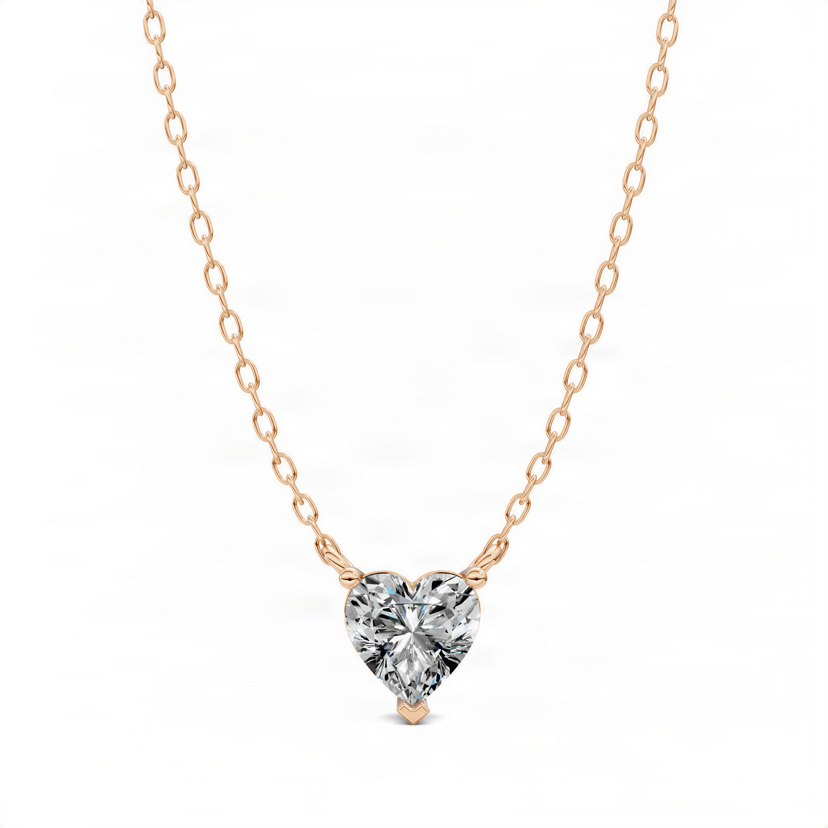 Rose gold heart diamond pendant on link chain, heart-shaped diamond-style stone