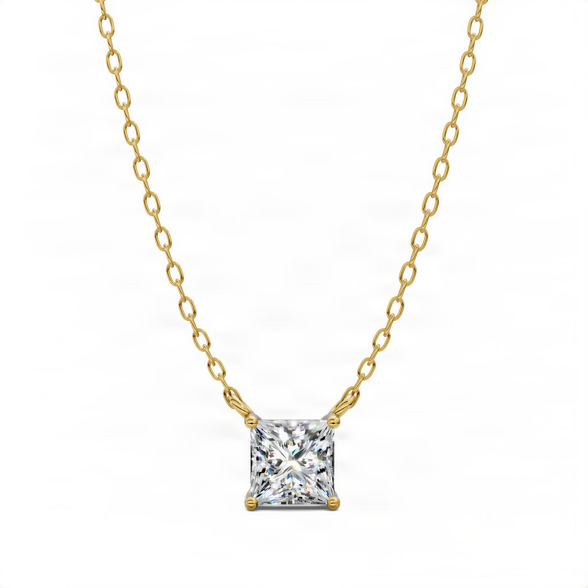 Yellow gold princess diamond pendant with square-cut center stone, link chain