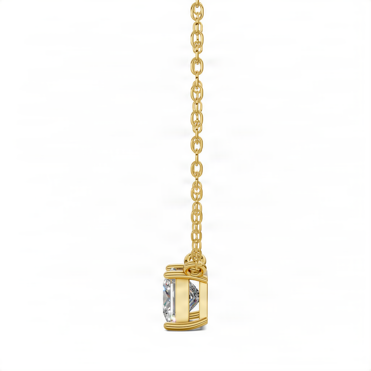 Yellow gold princess diamond pendant with square-cut stone in open cage, link chain