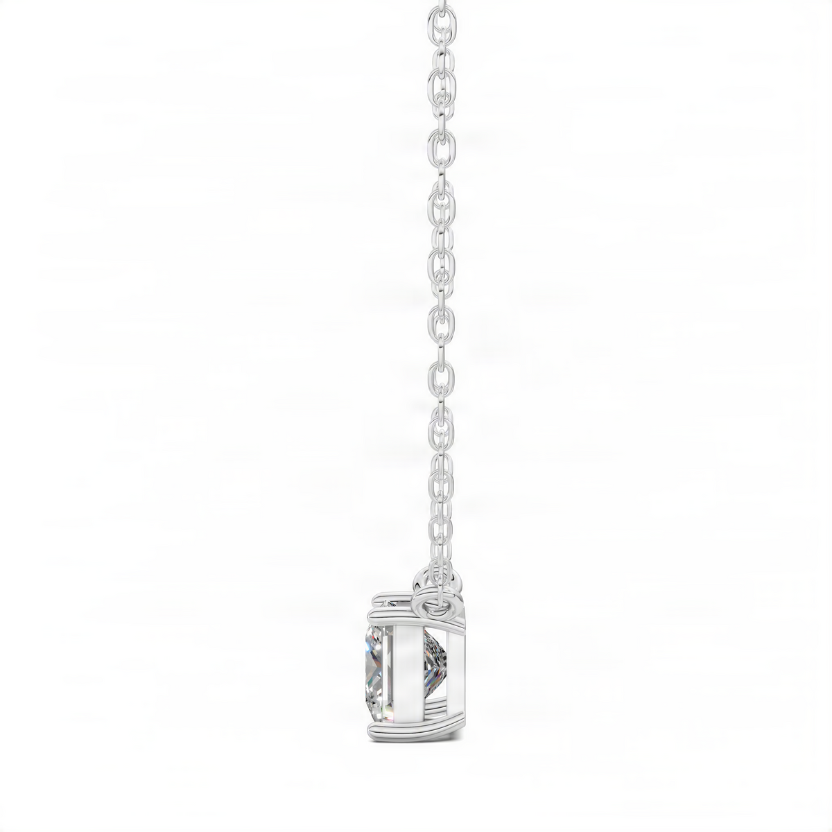 White gold princess diamond pendant with square-cut stone in open cage, link chain
