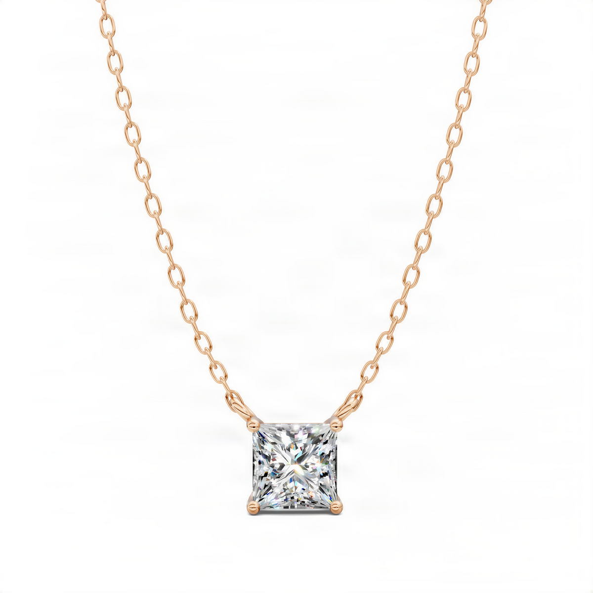 Rose gold princess diamond pendant with square-cut center stone, link chain
