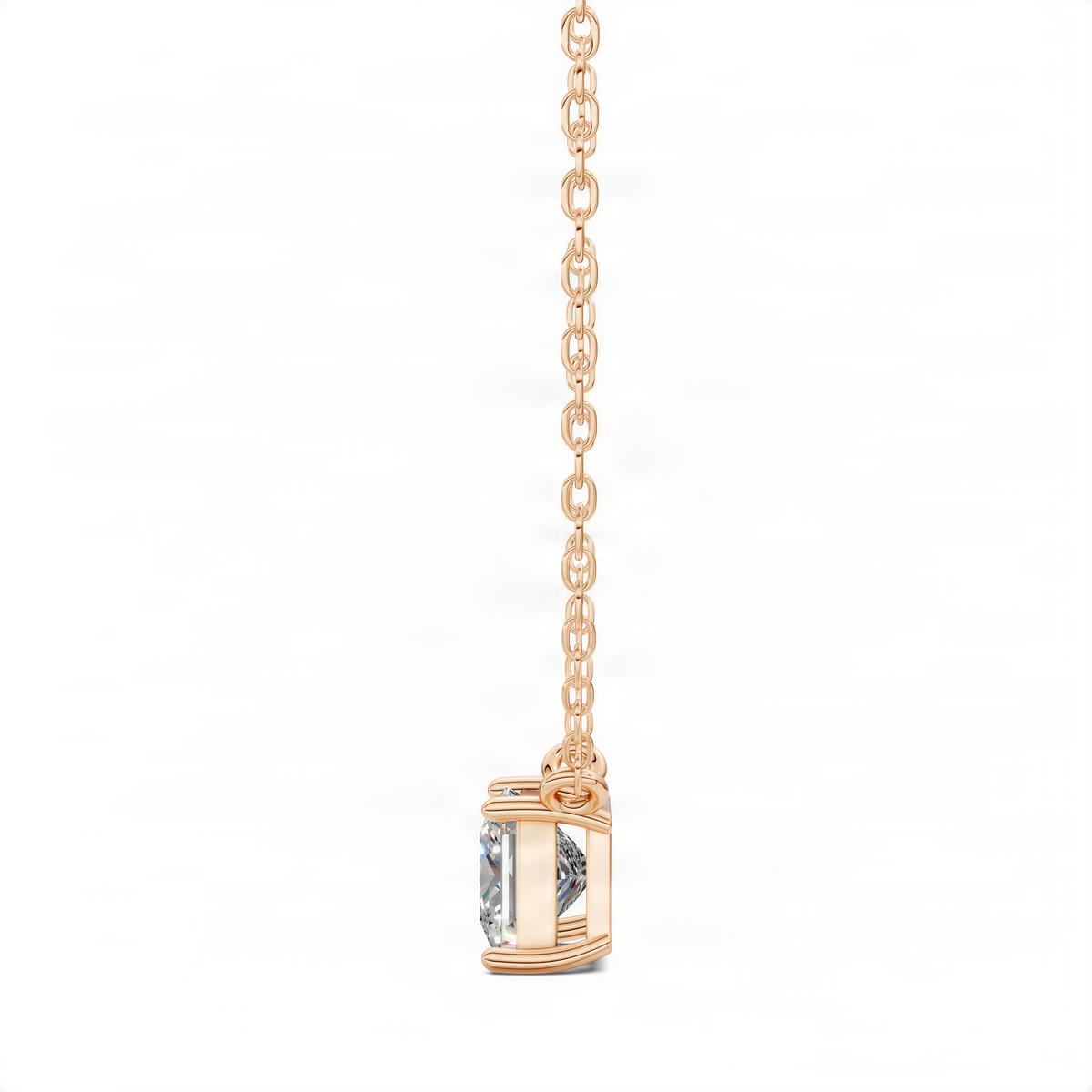 Rose gold princess diamond pendant with square-cut stone in open cage, link chain