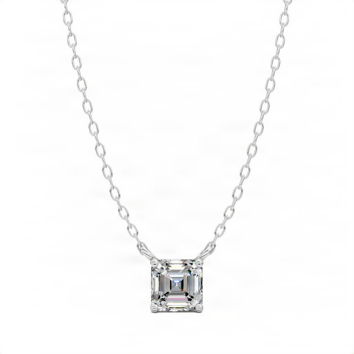 Asscher diamond pendant with silver-toned square setting on cable chain