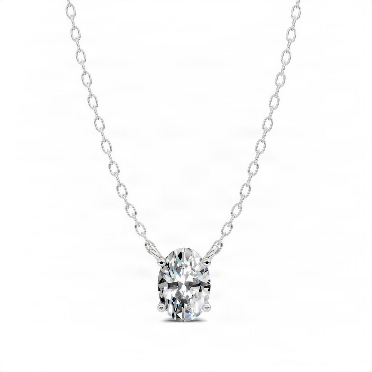 Oval diamond pendant with prong-set center stone, white-gold chain and geometric cage