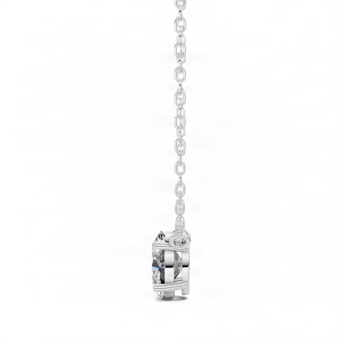 Oval diamond pendant with prong-set center stone, silver-tone cage and chain