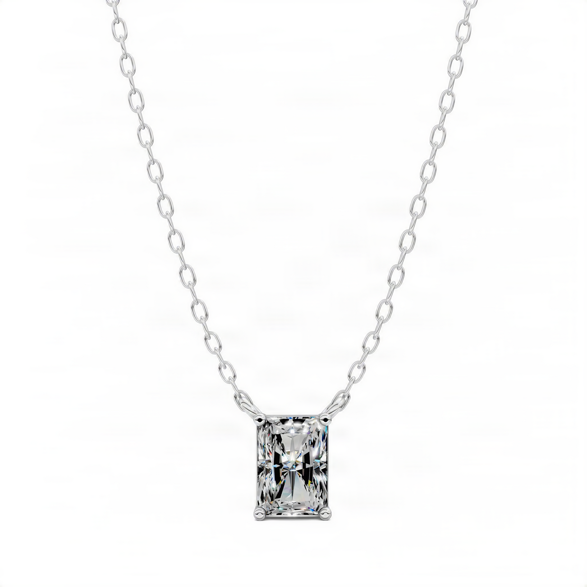 Square radiant-cut diamond pendant on silver-tone chain with four-prong setting