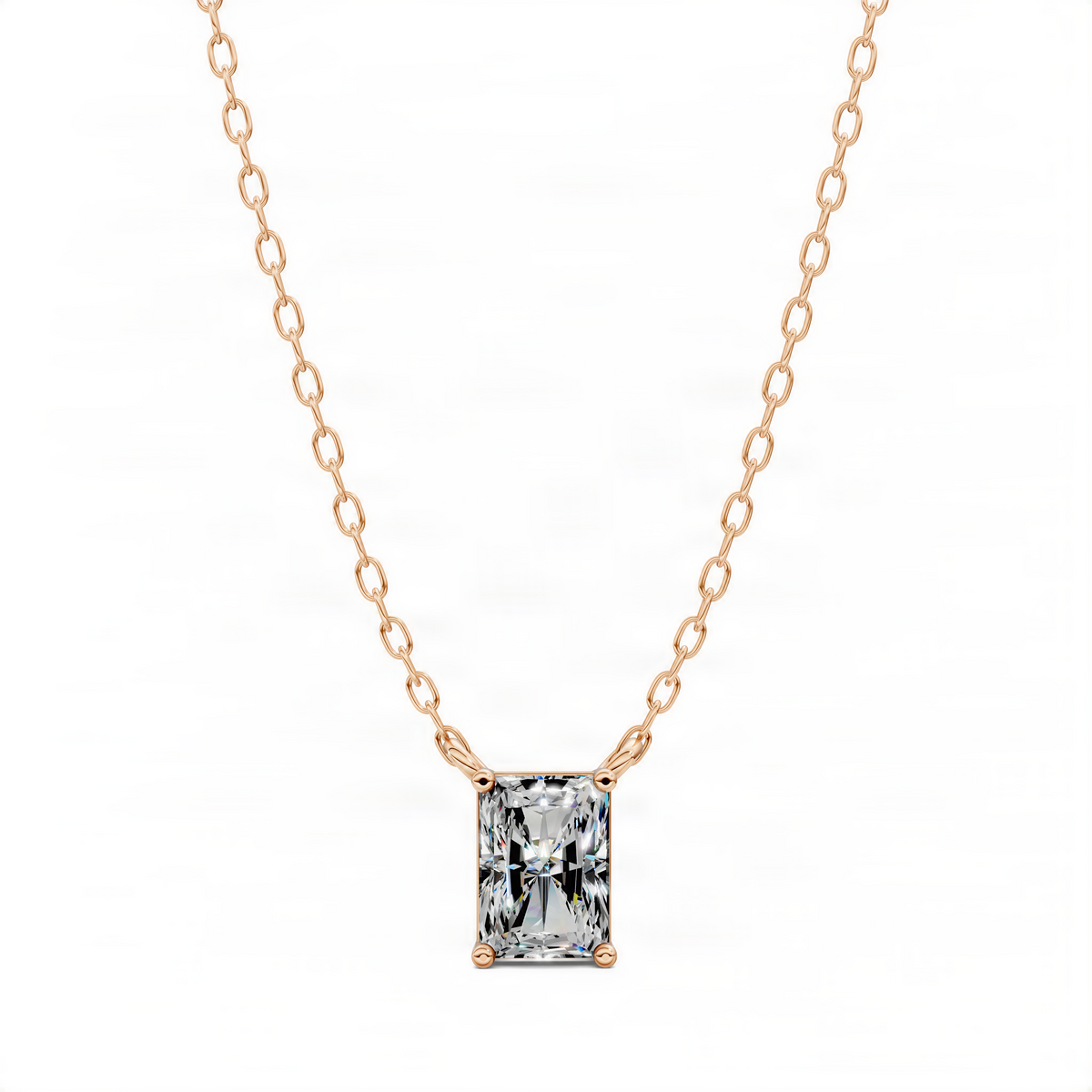 Radiant-cut square diamond pendant on rose gold-tone chain with four-prong setting