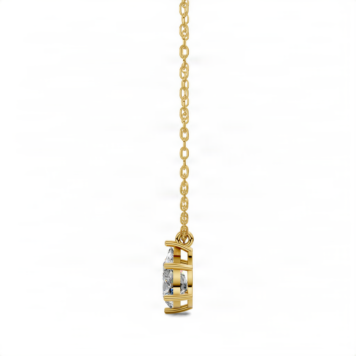 Pear diamond pendant on gold chain, side view