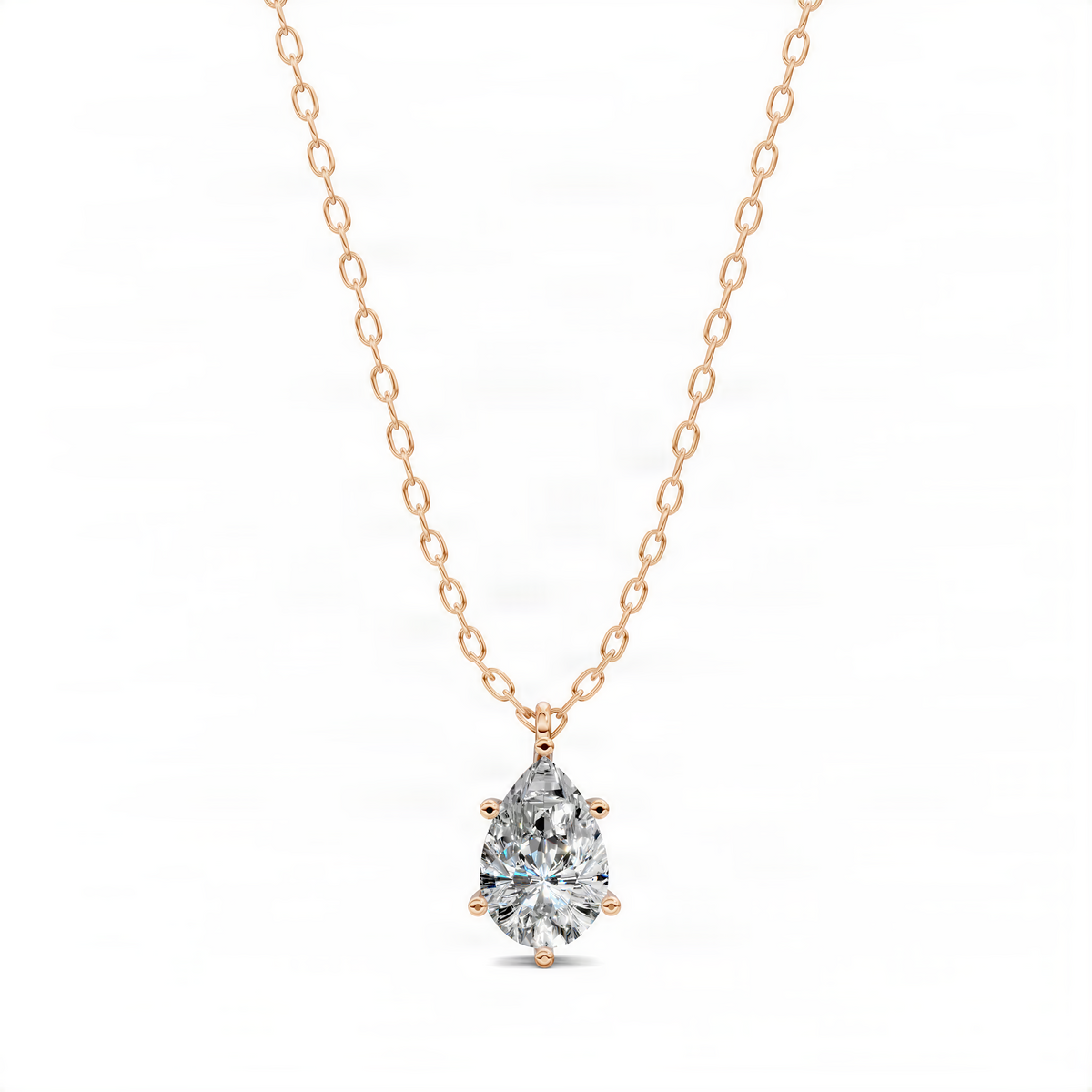 Pear-shaped diamond pendant on rose gold chain