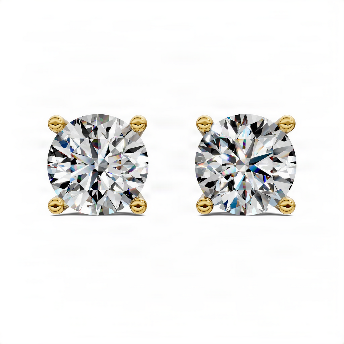 Round-cut diamond basket stud earrings in yellow gold, pair with round stones