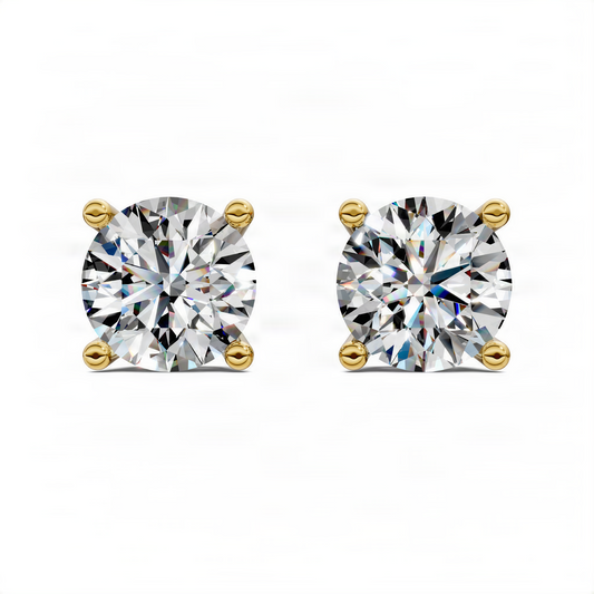Round-cut diamond basket stud earrings in yellow gold, pair with round stones