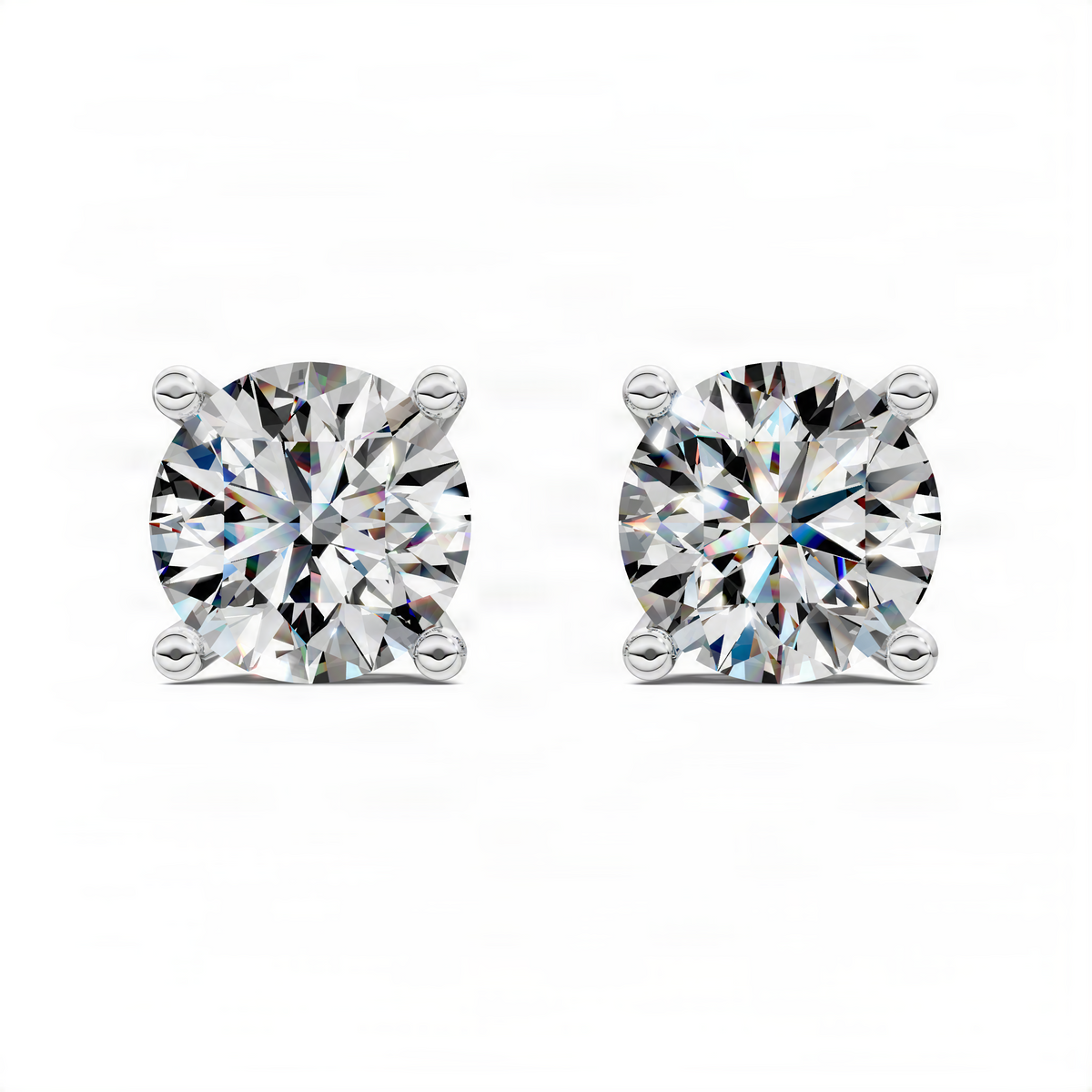 Round-cut diamond basket stud earrings in white gold, pair with round stones
