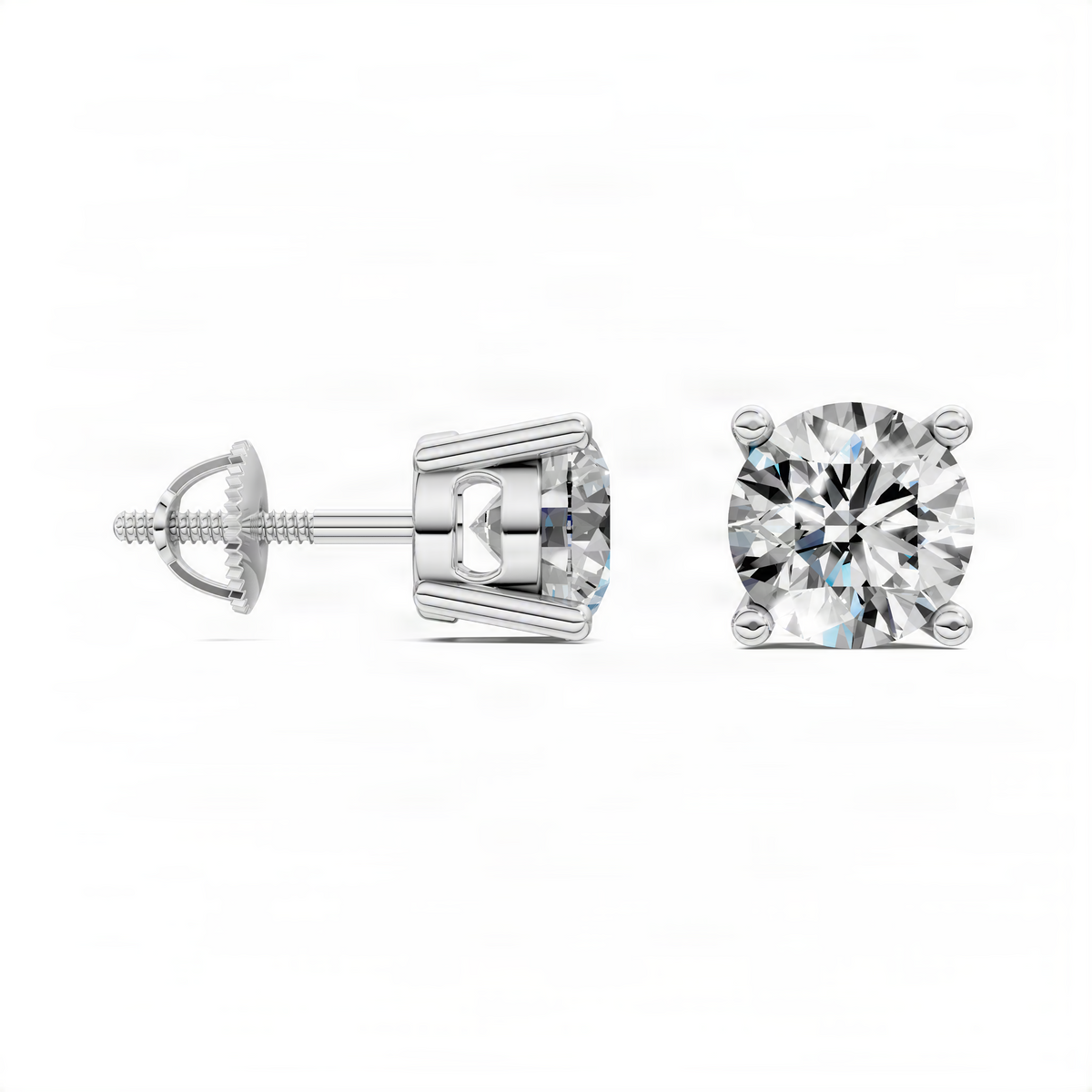 Round-cut diamond basket stud earrings in white gold, shown with back and post