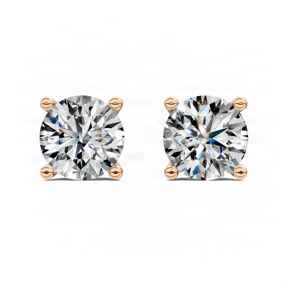 Round-cut diamond basket stud earrings in rose gold, pair with round stones