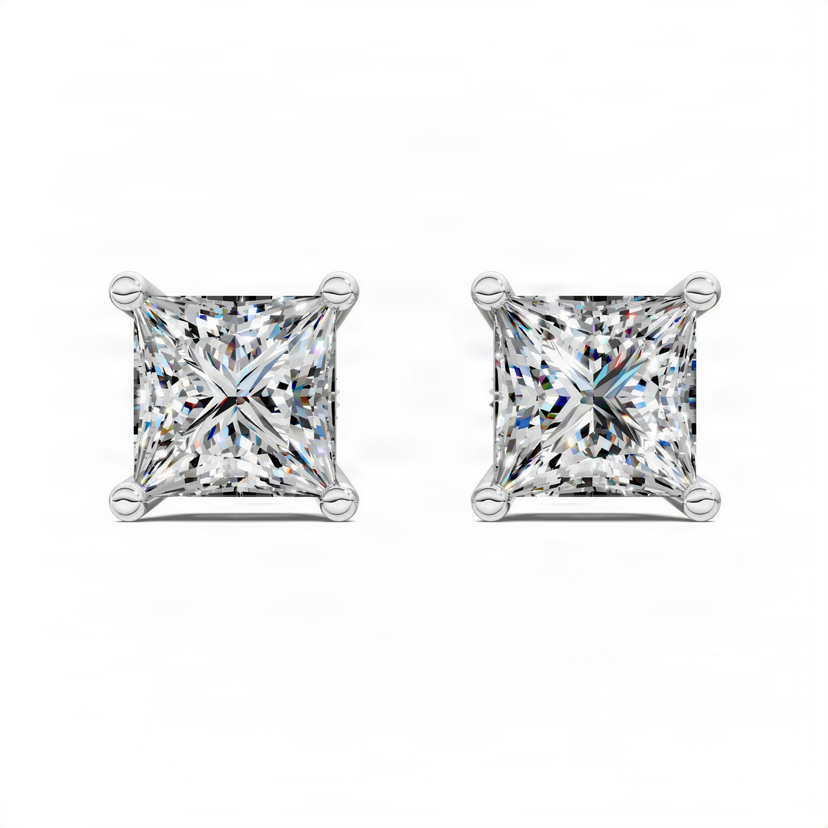 Princess cut basket stud earrings in white gold with square halo stones