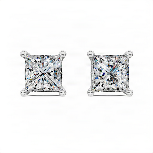 Princess cut basket stud earrings in white gold with square halo stones