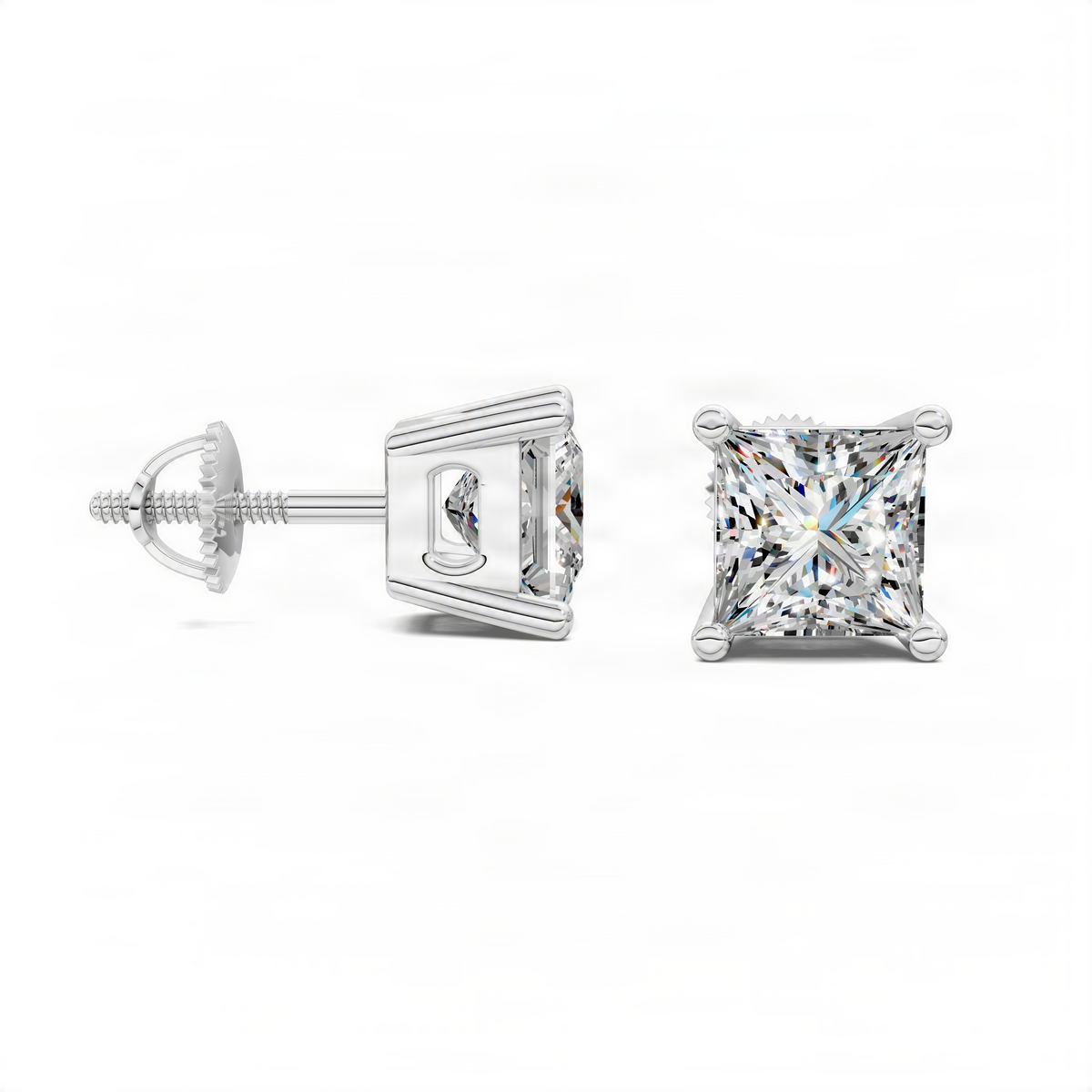 Princess cut basket stud earrings in white gold with secure back posts