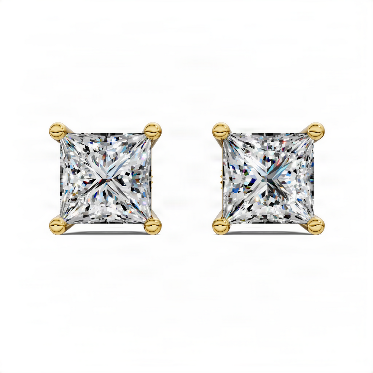 Princess cut basket stud earrings in yellow gold with square halo stones