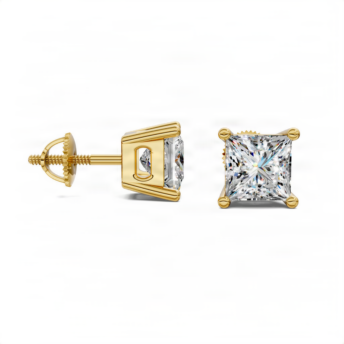 Princess cut basket stud earrings in yellow gold with front and back view