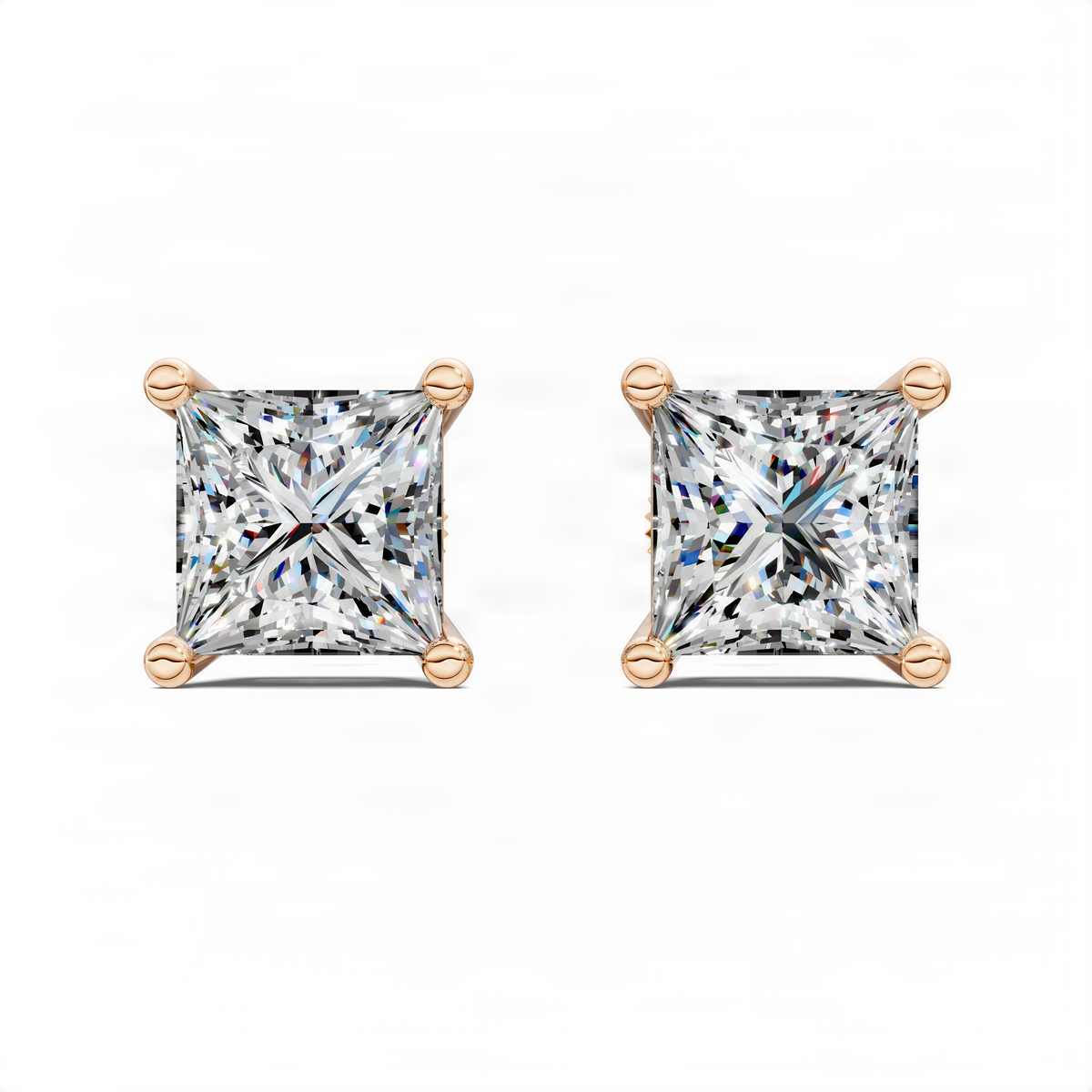 Princess cut basket stud earrings in rose gold with square halo stones