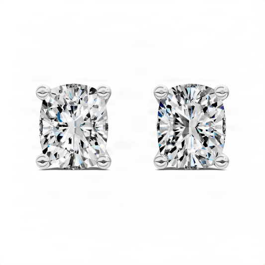 White gold cushion-cut diamond stud earrings with basket-style settings