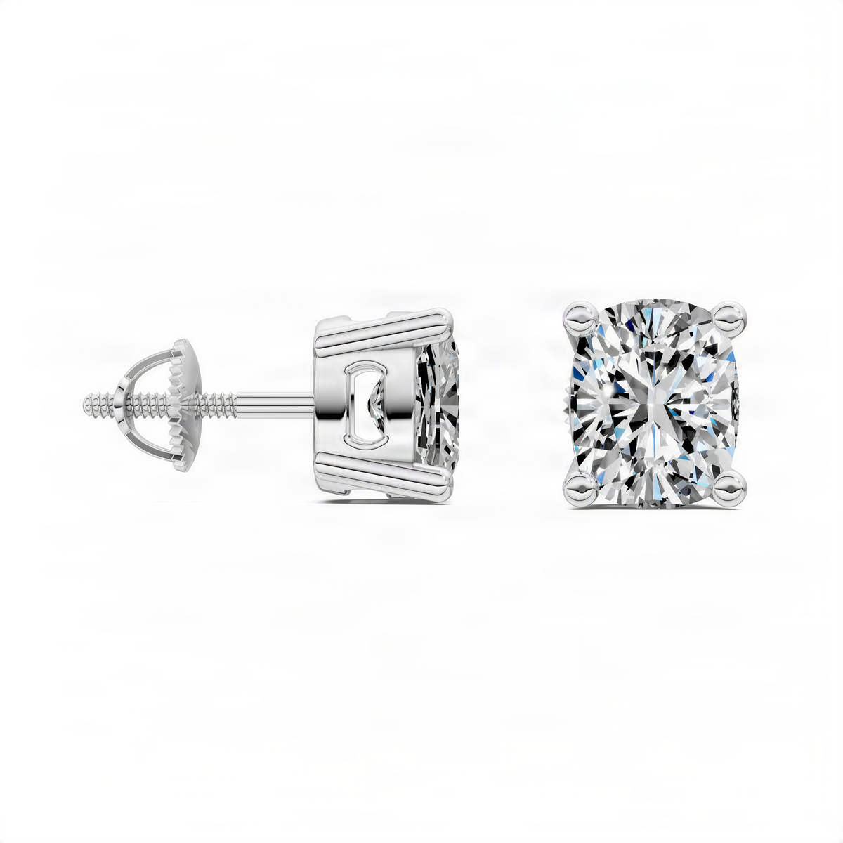 White gold cushion-cut diamond stud earring pair showing screw-back posts