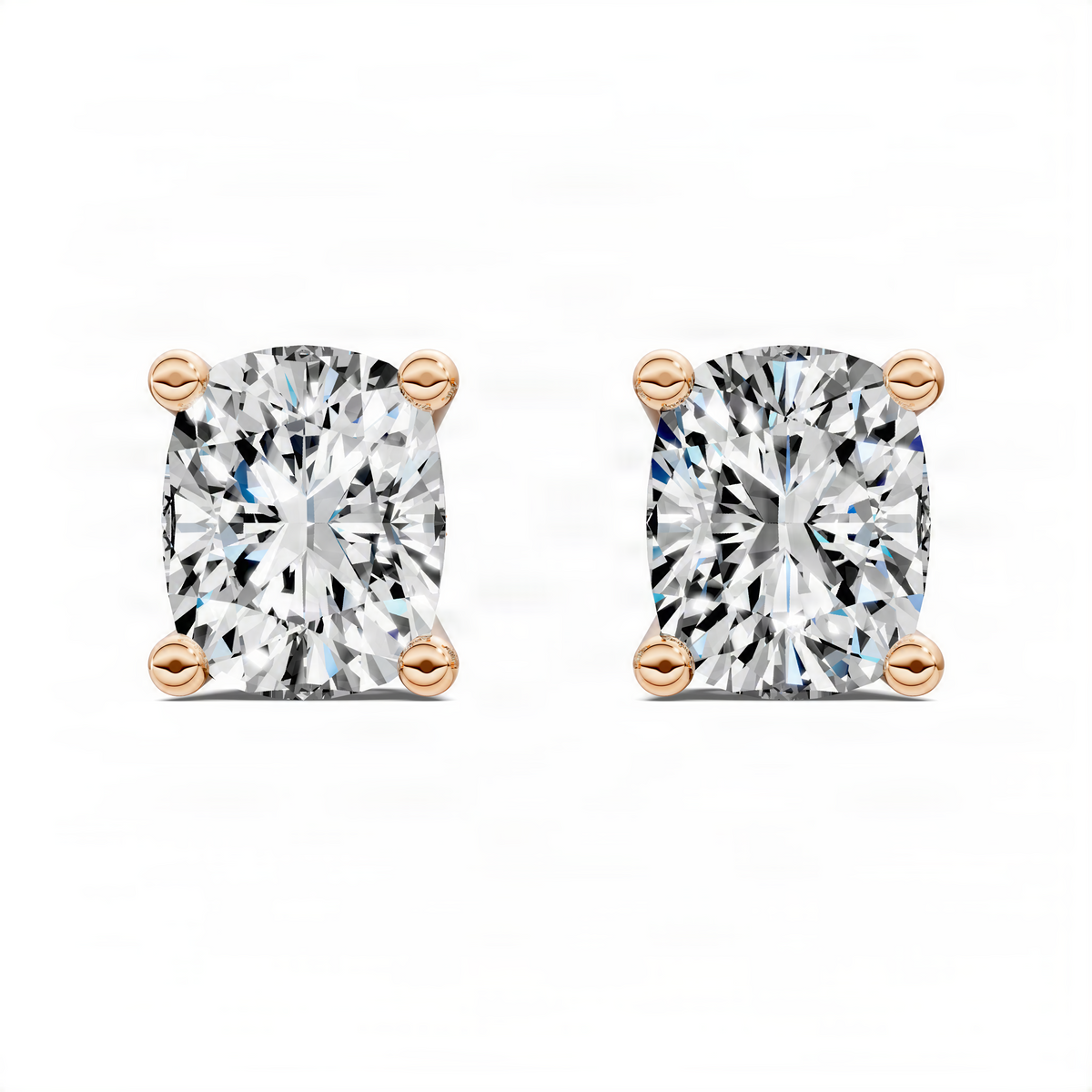 Rose gold cushion-cut diamond stud earrings with basket-style settings