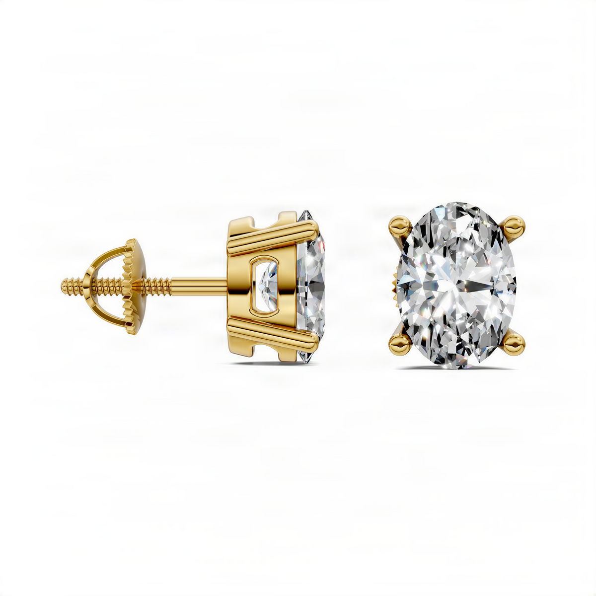 Oval-cut diamond stud earrings in yellow gold basket settings