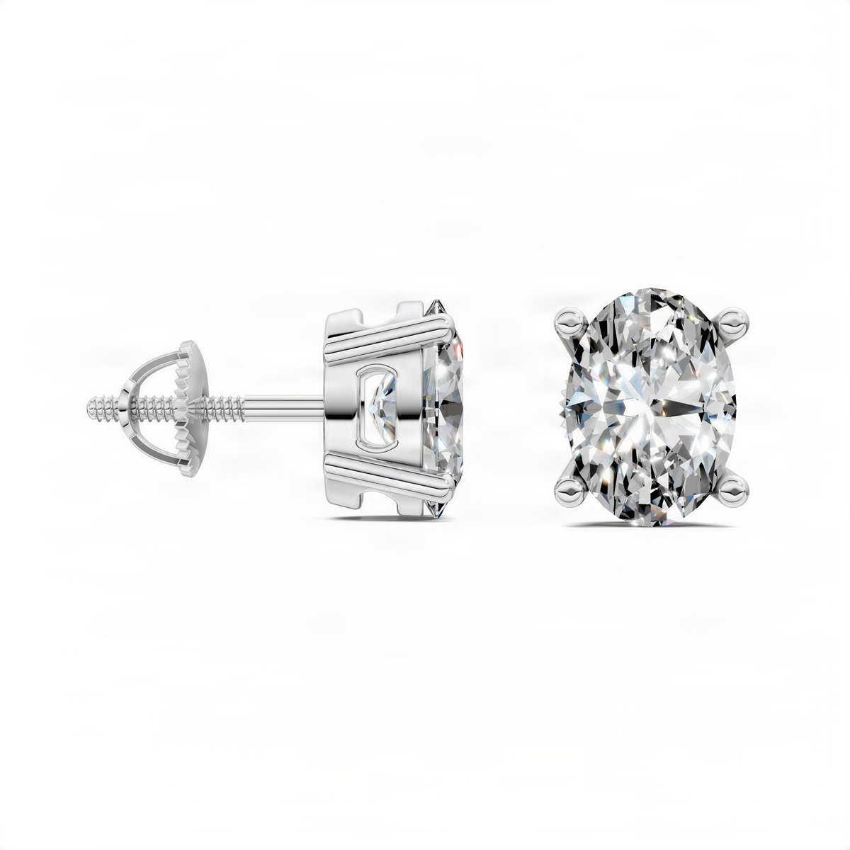 Oval-cut diamond stud earrings in white metal basket settings with post backs