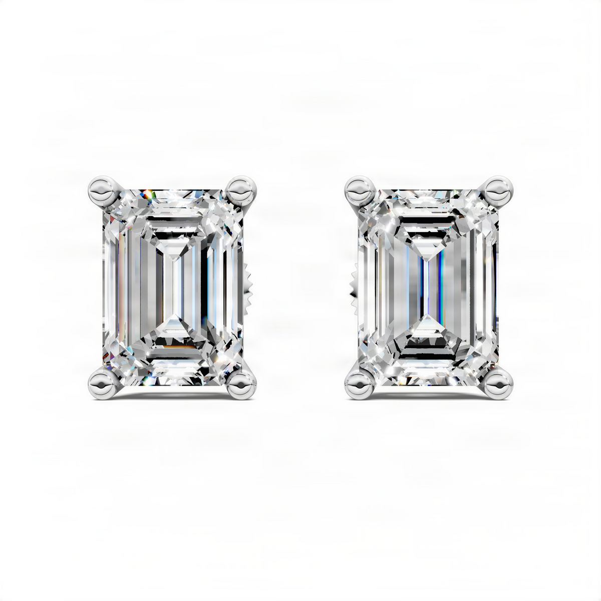 Emerald-cut basket stud earrings in white metal with four-prong square settings
