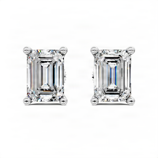 Emerald-cut basket stud earrings in white metal with four-prong square settings
