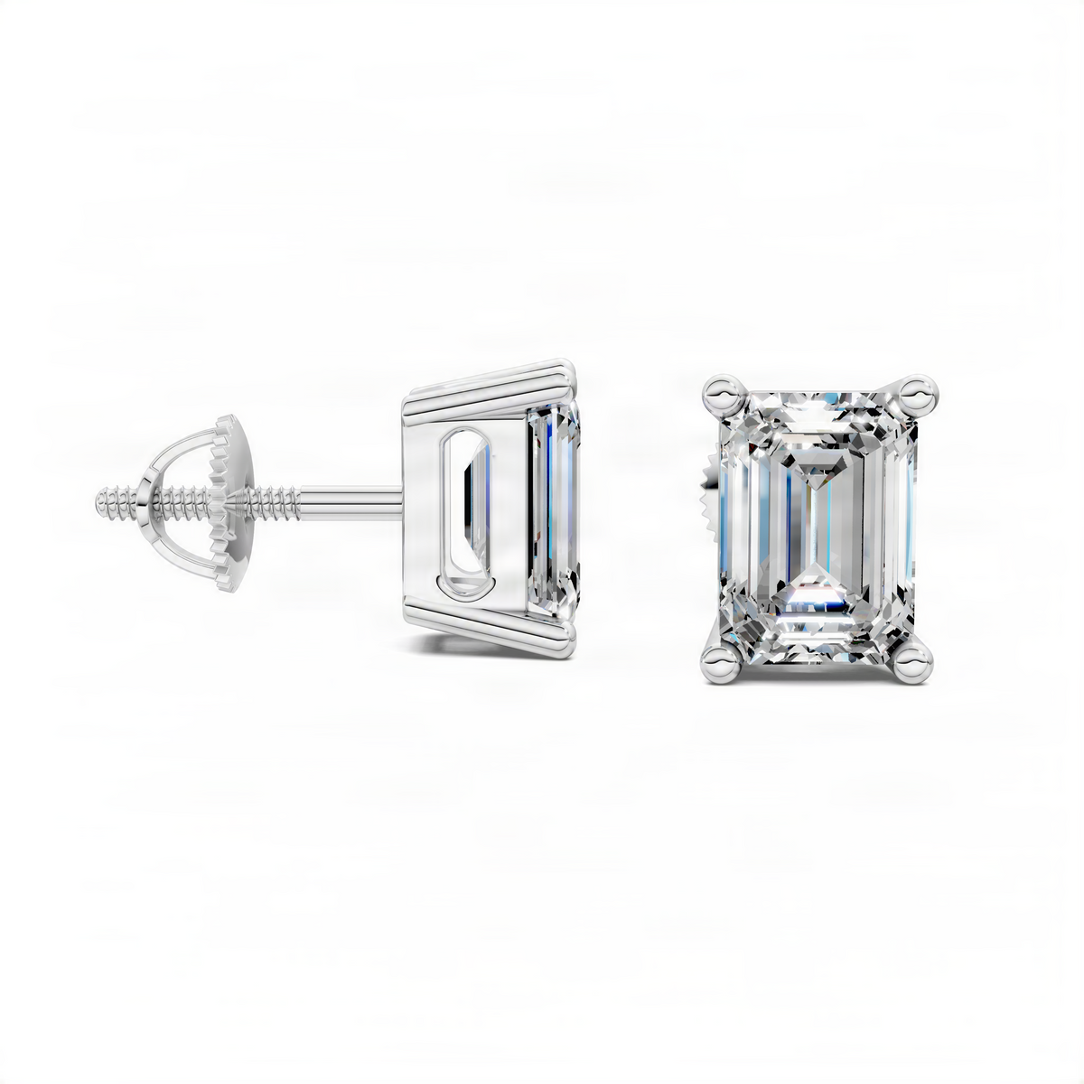 Emerald-cut basket stud earrings in white metal, visible back and square setting