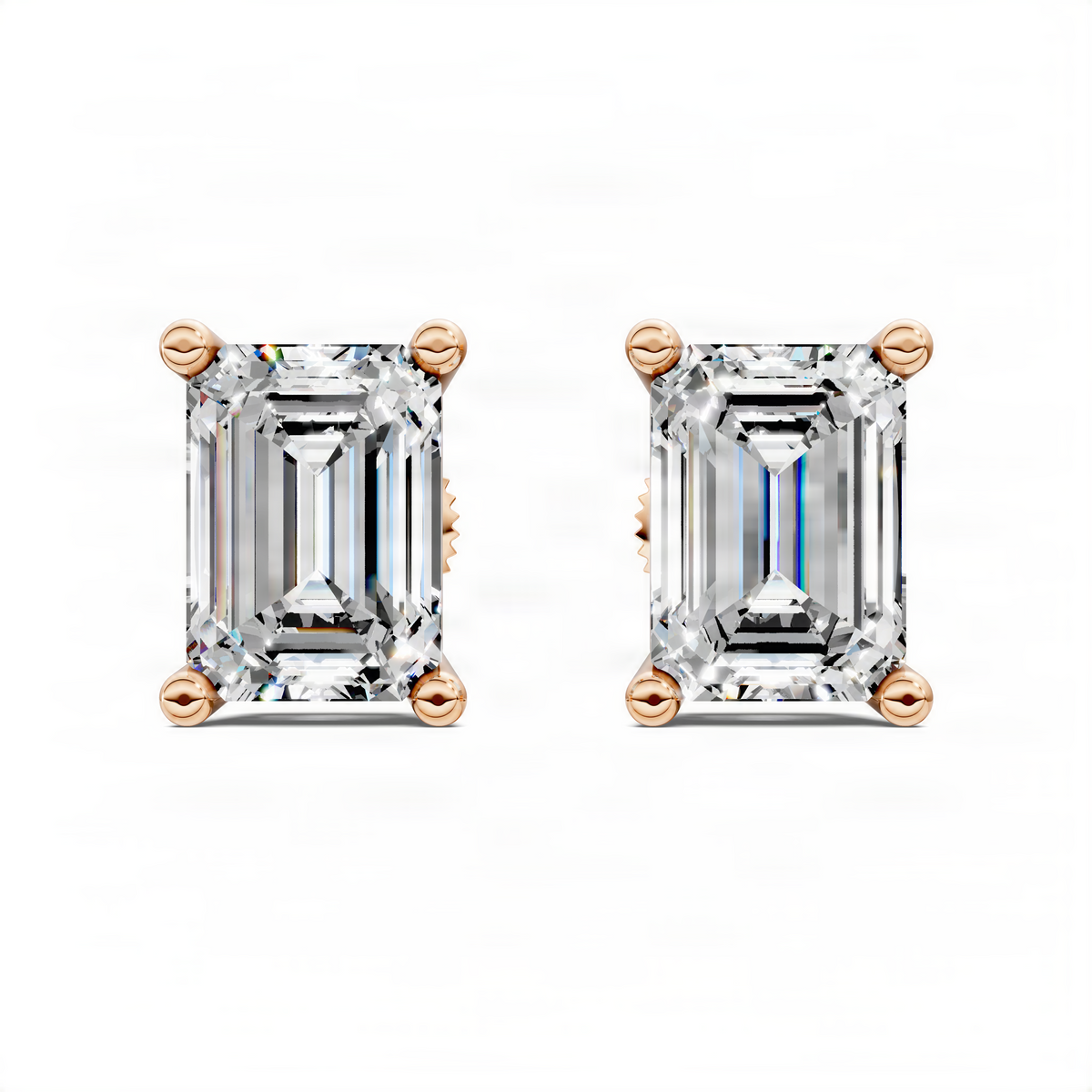 Emerald-cut basket stud earrings in rose gold with square prong basket settings