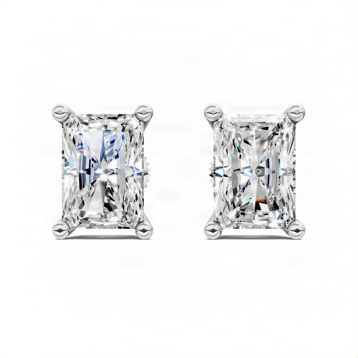Radiant cut square diamond stud earrings in white gold, four-prong basket setting
