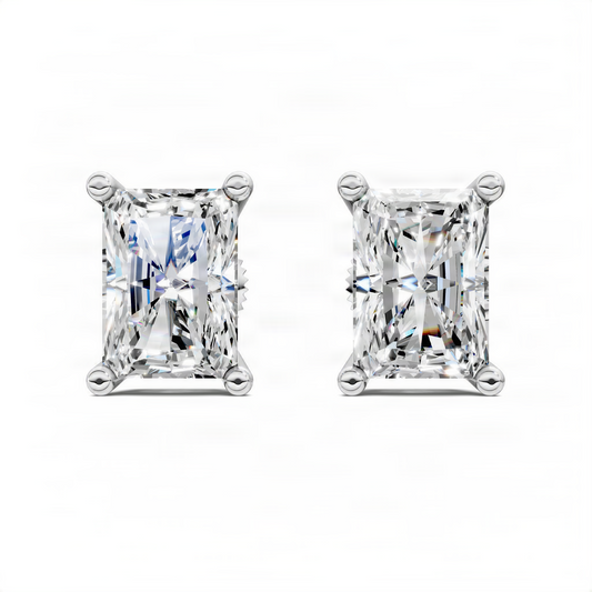 Radiant cut square diamond stud earrings in white gold, four-prong basket setting