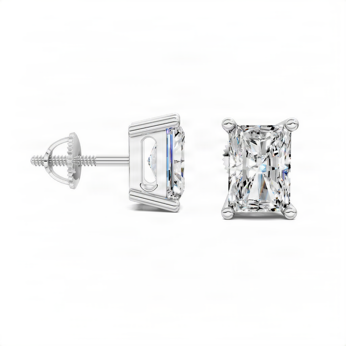 Radiant cut square diamond stud earrings in white gold, side view with secure post