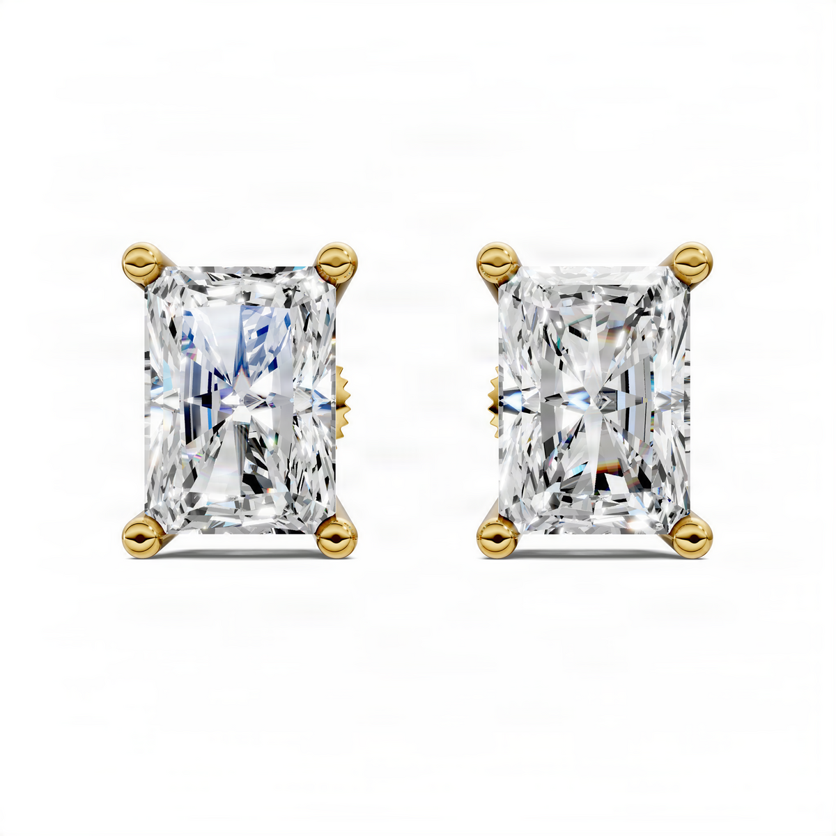 Radiant cut square diamond stud earrings in yellow gold, four-prong basket setting