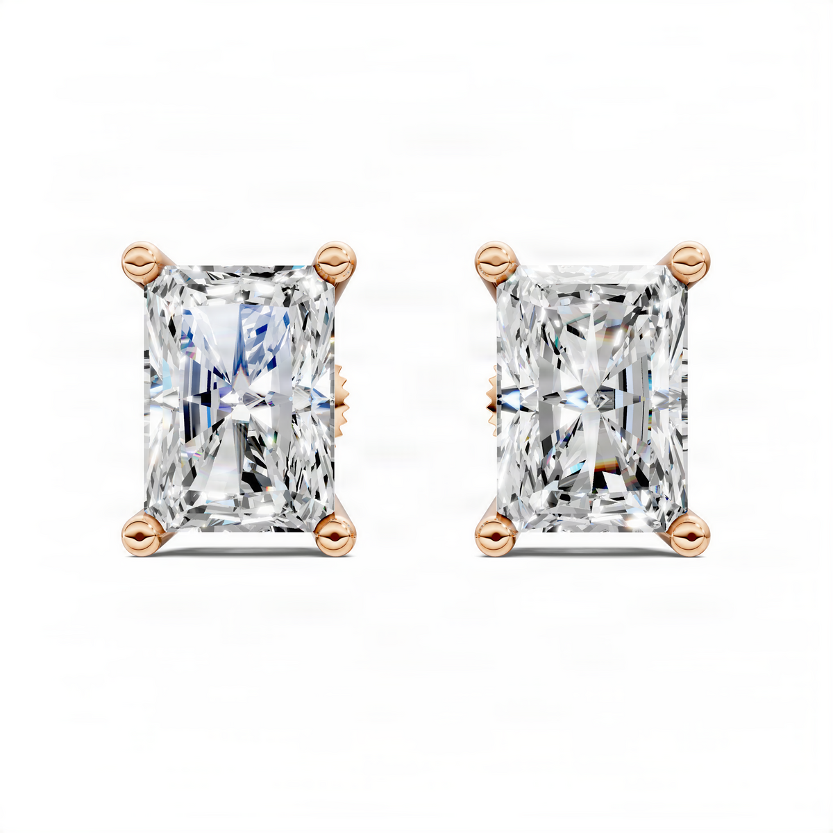Radiant cut square diamond stud earrings in rose gold, four-prong basket setting