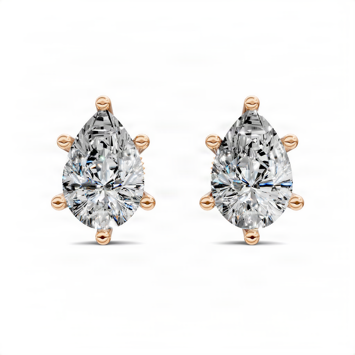 Rose gold pear-cut diamond basket stud earrings, teardrop stones with scalloped prongs