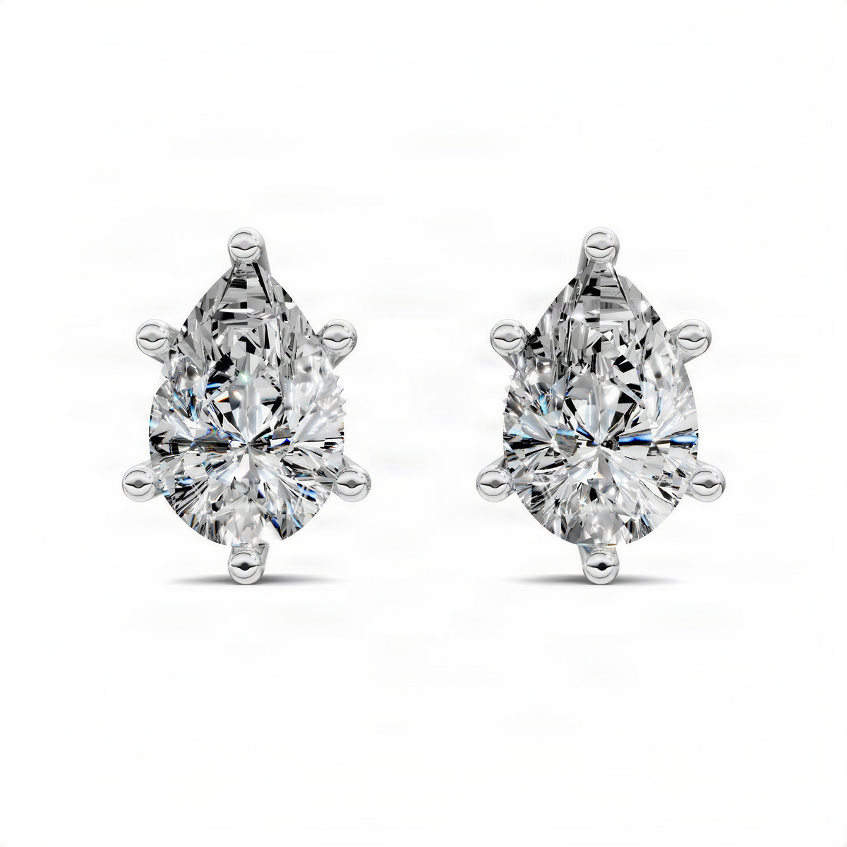 White gold pear-cut diamond basket stud earrings, teardrop stones with rounded prongs