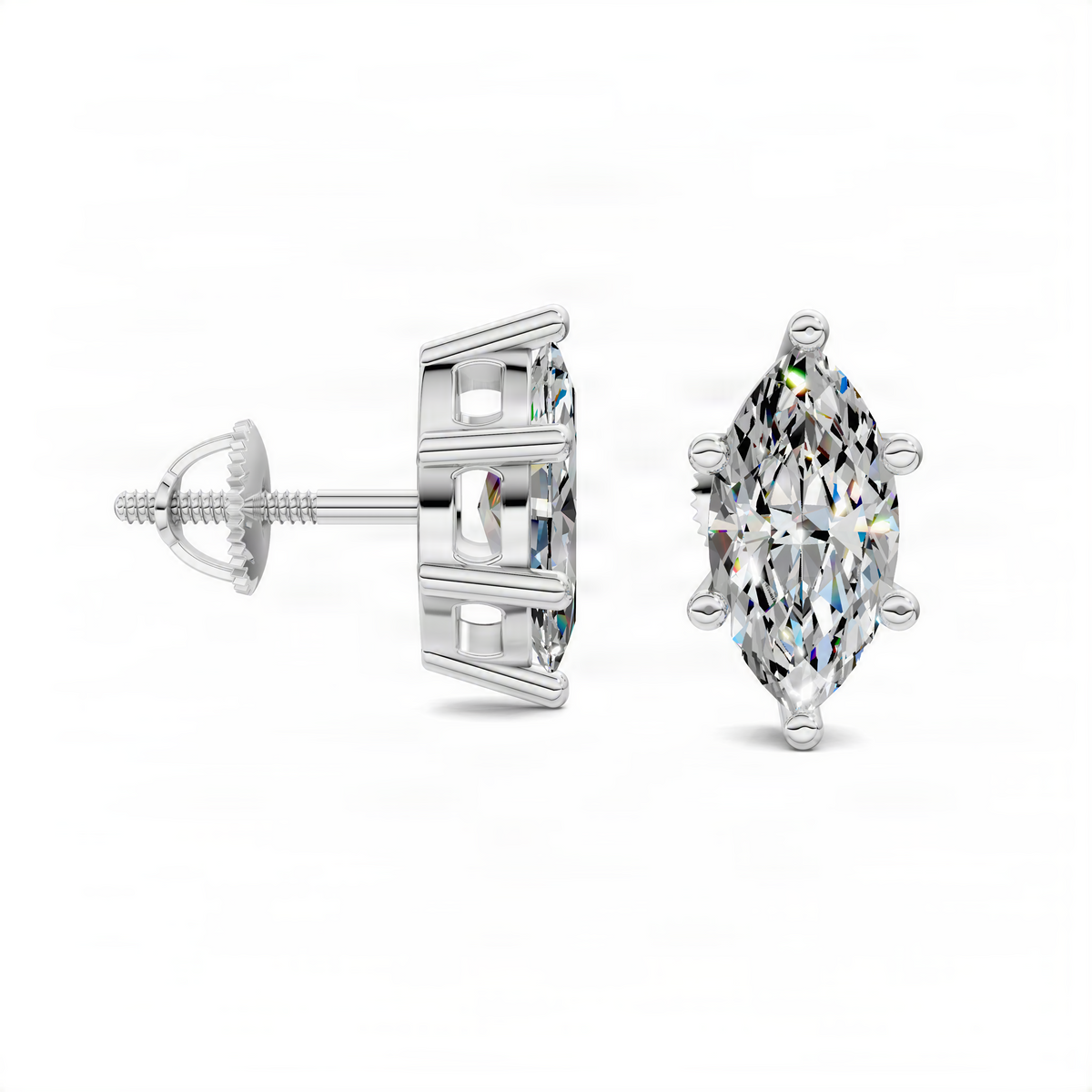 Marquise stud earrings with diamond-look stones, butterfly backs, and silver-tone settings