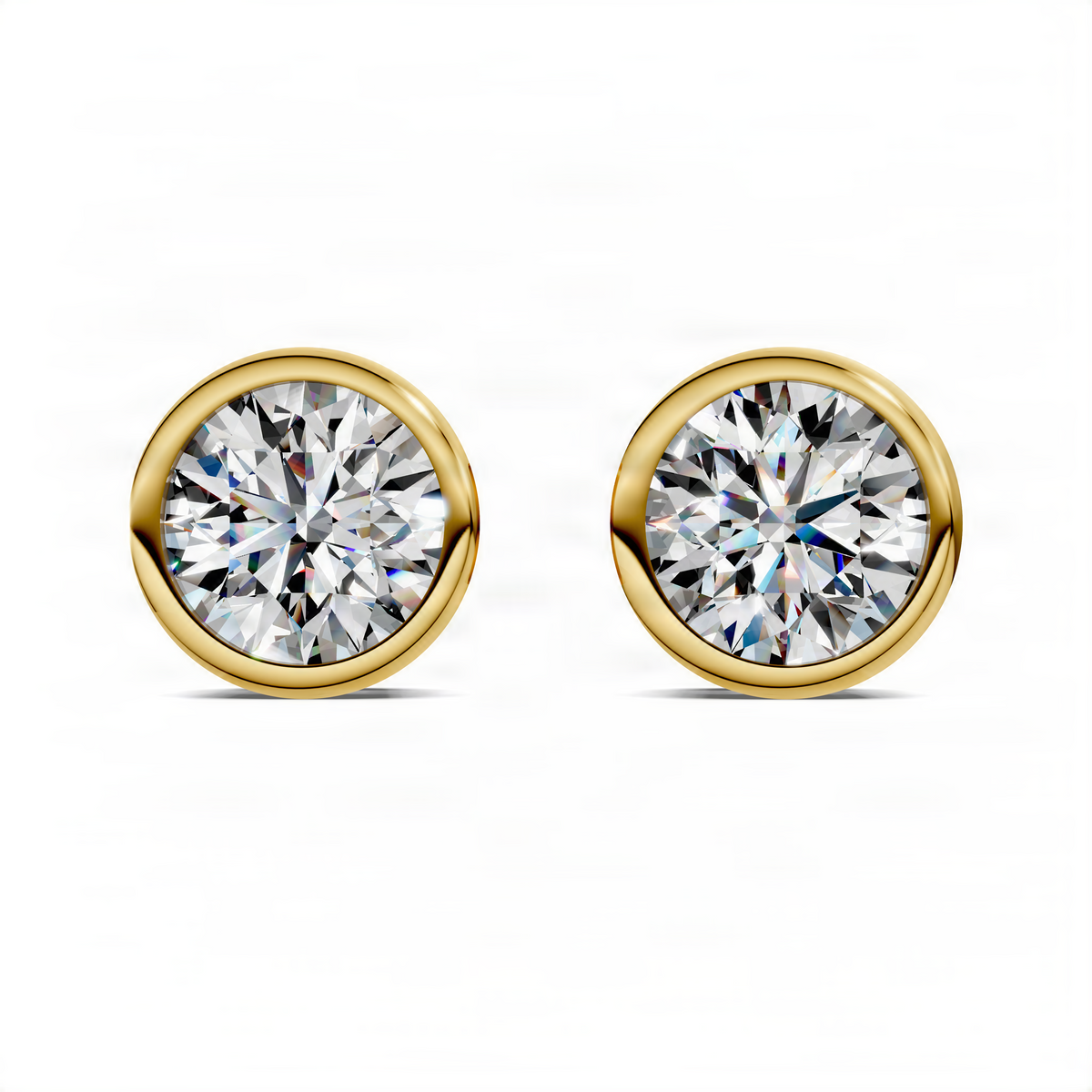Yellow gold round bezel stud earrings with paired round-cut diamond-look stones
