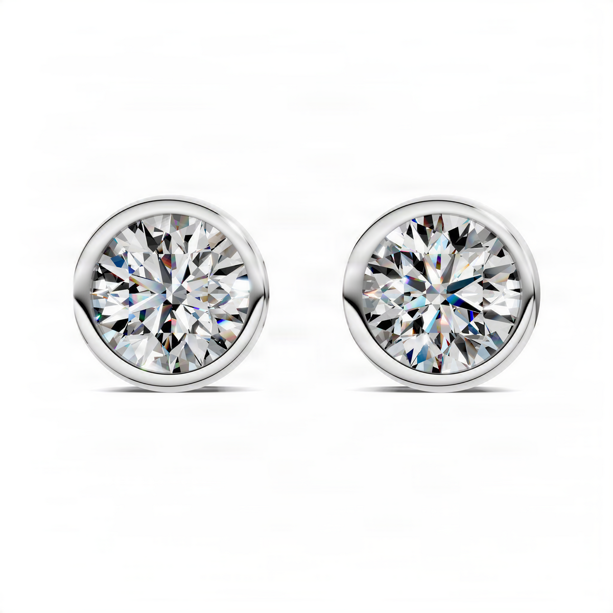 White gold round bezel stud earrings with paired round-cut diamond-look stones