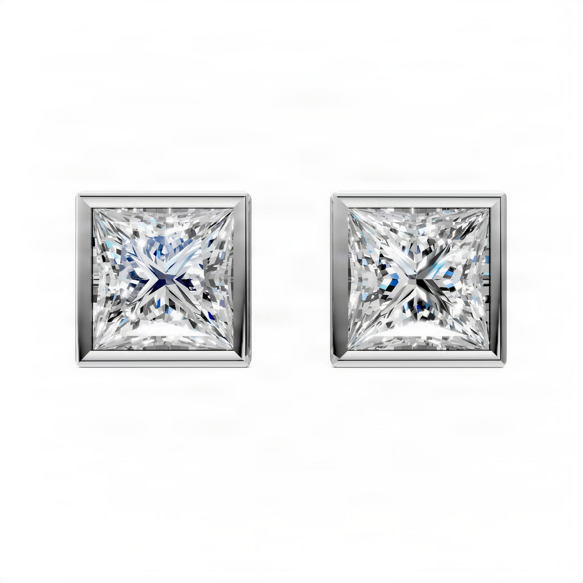 Princess cut bezel stud earrings in white gold, square stone centers