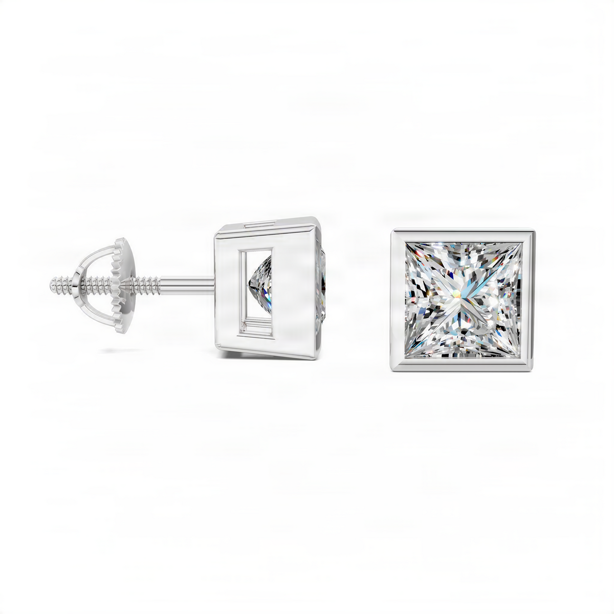 Princess cut bezel stud earrings in white gold, side view with back posts