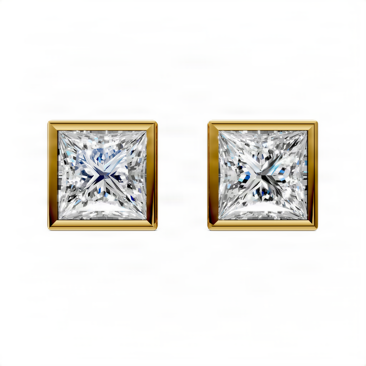 Princess cut bezel stud earrings in yellow gold, square princess-cut stones